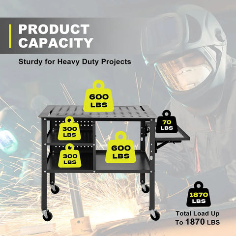 36 By 24 Inch Welding Table With Rolling Cart Heavy Duty Steel Workbench On Wheels showcasing 1870 lbs capacity weights