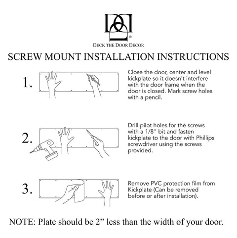 Instruction steps for installing Durable Door Kick Plate Anodized Aluminum Screw Mount Exterior Shield on doors