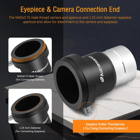 1.25 Inch Universal T Adapter Eyepiece Extension Tube With Filter Thread For Prime Focus Astrophotography Metal Body CNC Machined Ideal For SLR DSLR Gear And Telescopes showing eyepiece and camera connection end details.