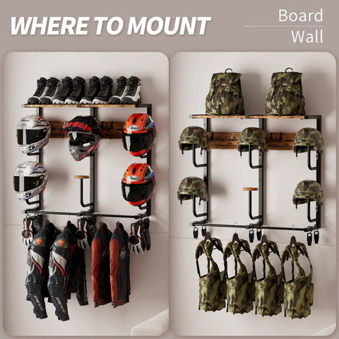 Heavy Duty Wall Mounted Helmet Rack With Six J Hooks And Six Clip Hooks Holds Six Helmets And Gear in garage setup
