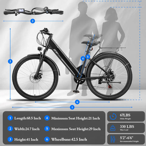 Powerful 1000W Peak Step-Through Electric Bike For Adults, 23 MPH Top Speed And 80 Mile Range, 65Nm Torque, Smooth Hills Climb, Go-To Commuter For Daily Errands And Weekend Adventures black e-bike side view, 68.5-inch long
