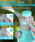 Close-up of Half Gallon Garden Hand Pump Sprayer showing button lock for hand-free spray with adjustable nozzle and safety valve.