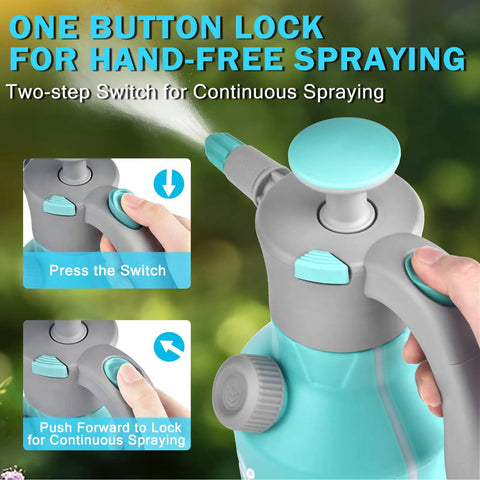 Close-up of Half Gallon Garden Hand Pump Sprayer showing button lock for hand-free spray with adjustable nozzle and safety valve.