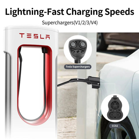 Top Shelf Nacs To Ccs1 Adapter For Blazing Fast Electric Charging With Heavy Duty Cable connected to Tesla Supercharger.