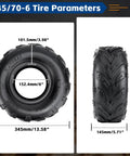 Go Kart And Mini Bike Tire 145/70-6 Tubeless Rear V-Tread, 6 Inch Rim with dimensions and V-tread pattern shown
