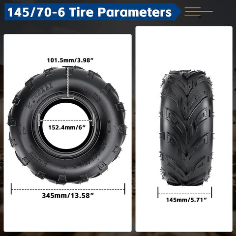 Go Kart And Mini Bike Tire 145/70-6 Tubeless Rear V-Tread, 6 Inch Rim with dimensions and V-tread pattern shown