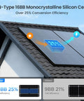N-Type 16BB Monocrystalline solar panels on roof highlighting 25% efficiency, part of 430W Anti Shading Bifacial Solar Panel Kit.