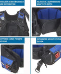 Glide Front Adjustable Scuba BCD With Balanced Power Inflator For Recreational Diving All Day Comfort With Y Fit Shoulders Neoprene Neck Pad And Adjustable Cummerbund XL Blue showing Y-Fit shoulder, cummerbund, pockets, and weight system.