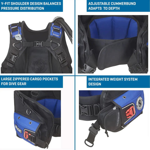 Glide Front Adjustable Scuba BCD With Balanced Power Inflator For Recreational Diving All Day Comfort With Y Fit Shoulders Neoprene Neck Pad And Adjustable Cummerbund XL Blue showing Y-Fit shoulder, cummerbund, pockets, and weight system.
