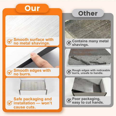Comparison of smooth, burr-free steel wedges versus rough, metal-shaving covered alternatives in packaging and edge detail.