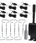 Fourteen Piece Ice Fishing Anchor Tool Kit With Drill Adapter, Universal Ice Anchor Drill Head, Solid Rope Hooks, Ice Tent Nails And One Quarter Inch Adapter Head For Setting Up Ice Fishing Shelter Tents, showing stakes, ropes, and drill accessories.
