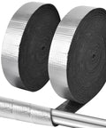 Peel And Stick Outdoor Foam Pipe Insulation Tape 2 Inch By 33 Feet Aluminum Finish Shield For Winter Freeze Protection and Summer Heat Weatherproofing No Fuss Easy Install shown in roll with aluminum wrap on pipe.