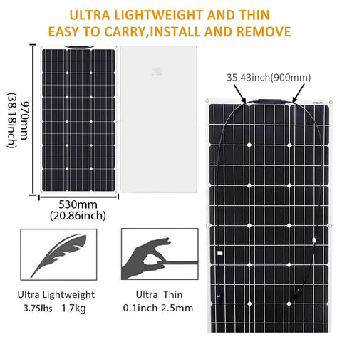 10 Pack Flexible Monocrystalline Solar Panels 100 Watts Each showing size and weight details for easy mounting on RVs and boats.