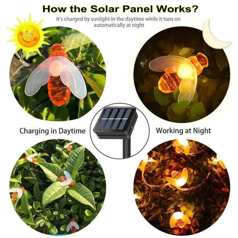 Diagram showing Bee String Lights 2 Pack, 17 Ft Each, 60 LED Copper Wire Fairy Lights with solar panel for garden use day and night.