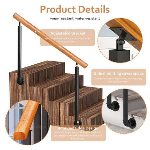 Top Shelf Adjustable Solid Wood Outdoor Handrail With Hella Durable Iron Posts For Wall Mounted Stair Railing On Terrace Steps That Keeps Your Crew Safe Without A Doubt, featuring adjustable bracket and rounded edges.
