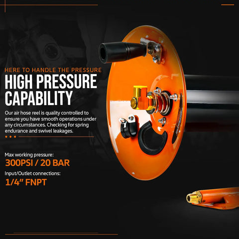 Retractable Hand Crank Air Hose Reel 3/8 Inch By 100 Feet, Built Tough Steel Frame, 300 PSI, Bolts To Base For Stable Setup