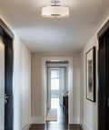 Chloe 15 Inch Modern Semi Flush Ceiling Light With White Fabric Drum Shade Three Light Fixture Featuring Tempered Glass Diffuser And Chrome Finish