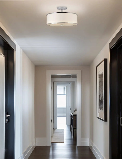 Chloe 15 Inch Modern Semi Flush Ceiling Light With White Fabric Drum Shade Three Light Fixture Featuring Tempered Glass Diffuser And Chrome Finish