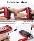 BMW Key Fob Cover With Soft TPU Case installation steps for X1 X3 X5 X6, shown in red with key chain attachment process