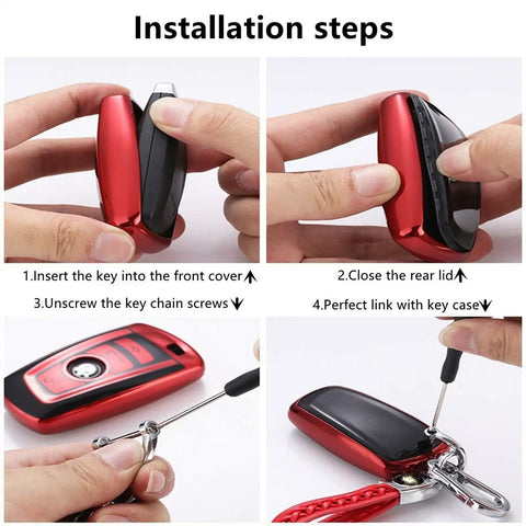 BMW Key Fob Cover With Soft TPU Case installation steps for X1 X3 X5 X6, shown in red with key chain attachment process