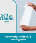 Hands holding an 8x10" ReadyFlush Biodegradable Flushable Wipes 576 Count In 24 Pack Of 24 Hydraspun Dispersible Fibers.