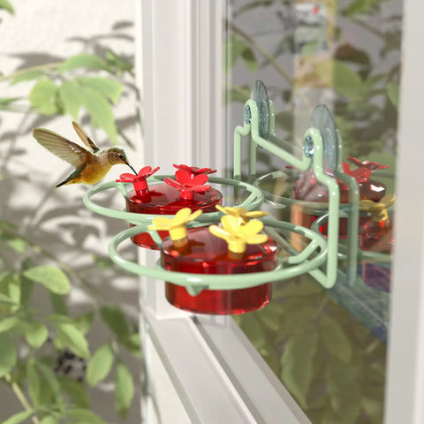 Window Hummingbird Feeder With Strong Suction Cups, Metal Base, Two 2-Ounce Reservoirs, Six Bee-Proof Feeding Ports