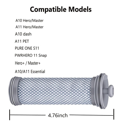 A10 A11 Filter Replacement For A10 A11 Hero Master Pure One S11 S12 X Cordless Vacuums, showing mesh filter and size details