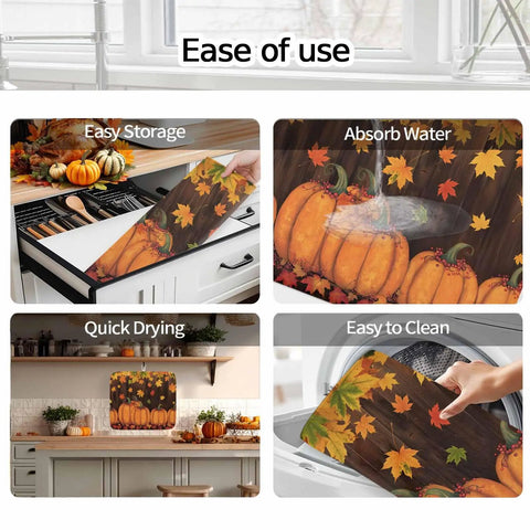 Fall Thanksgiving Must Have Dish Drying Mat Set with Orange Pumpkin Design, Absorbent Microfiber Machine Washable, Kitchen Use