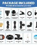 Package contents of Outdoor Misting Cooling System Kit with Timer for Patio and Backyard, various connectors, fittings, and nozzles.