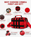 Front view of Crmea red and black emergency first aid kit with MOLLE straps and detachable shoulder strap