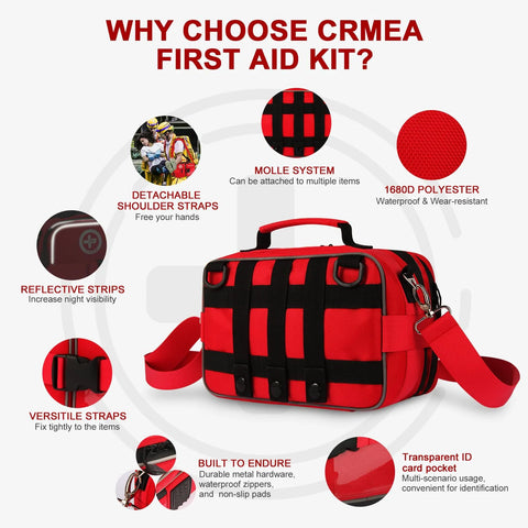 Front view of Crmea red and black emergency first aid kit with MOLLE straps and detachable shoulder strap