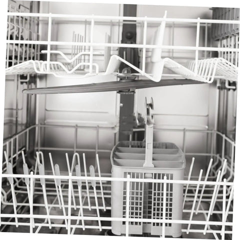 Interior view of a dishwasher showing prongs and a grey utensil basket, highlighting 50 Piece Flexible Dishwasher Rack End Covers Tough Vinyl Caps For Prong Guard Dead Simple Swap Out Stops Rust And Wear Keeps Your Kitchen Running Smooth As New.