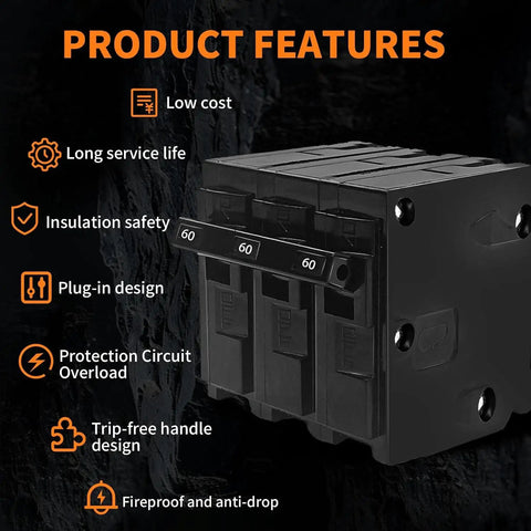 Badass 60 Amp 3 Pole Circuit Breaker With Thermal Magnetic Trip For Heavy Duty Overload Protection At 120 240 Volts shown with features.
