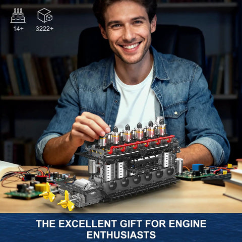 Man assembling Dope Aircraft Carrier Engine Building Set With Inline Six Cylinder Motor Realistic Military Aviation Engine Model Kit