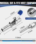 Grease Gun Coupler Set With Quick Release And 12-Inch Hose 10,000 PSI Locking Zerk Connection Needle Tip 1 Eighth NPT shown with measurements