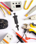 Electrical tools and connectors including pliers, crimpers, and a digital voltage meter on a white background.