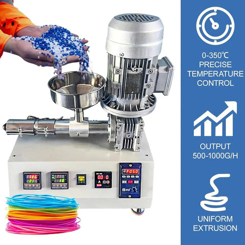 Ready To Roll Desktop 3D Printer Filament Extruder Machine With 1000 Watt Quick Heat System showing plastic pellets and controls.