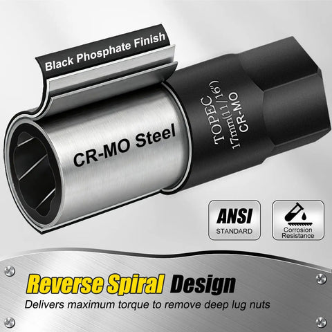 Close-up of 22mm Deep Lug Nut Extractor Socket One Half Inch Drive Beefy Heavy Duty Tool for Seized Bolts with CR-MO steel and black phosphate finish.