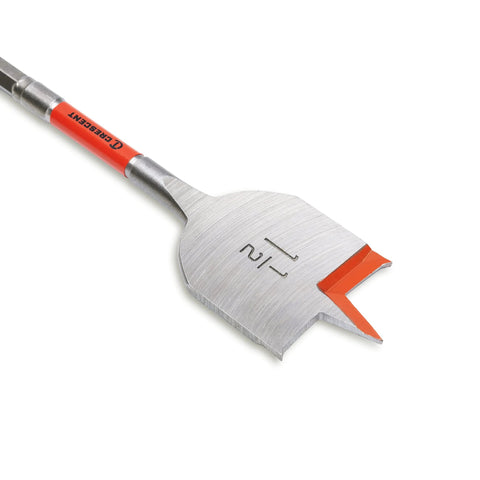 Crescent flat spade drill bit, front view, 6 in x 1-1/2 in, steel with orange cutting edge.