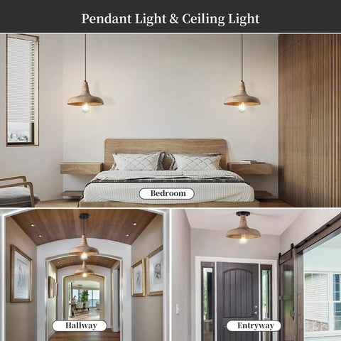 Farmhouse Wood Pendant Light For Kitchen Island And Dining Room, Handcrafted Wooden Fixture in Bedroom, Hallway, Entryway