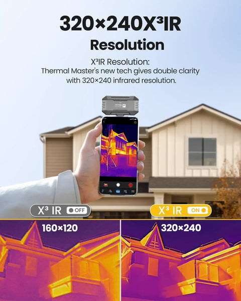 USB-C Thermal Imaging Camera For Android And iPhone, Grab-And-Go Handheld Pro-Grade 320x240 Infrared Imager, grey color, held in hand showing a house on screen.