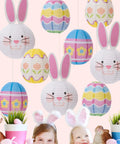 9 Piece Easter Paper Lantern Set With Bunny And Egg Designs, Reusable 10 Inch Pastel Hanging Lanterns displayed with children