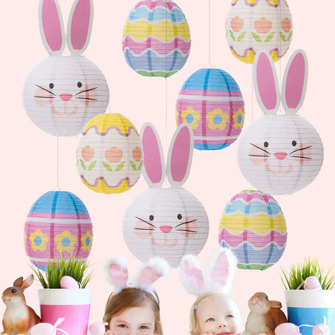9 Piece Easter Paper Lantern Set With Bunny And Egg Designs, Reusable 10 Inch Pastel Hanging Lanterns displayed with children