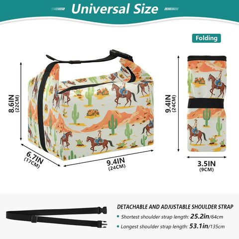 Cowboy Themed Insulated Lunch Bag Tote For Women And Men, Leakproof Reusable Lunch Box, dimensions 9.4x6.7x9.8 inches, folded view