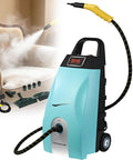 Portable Steam Cleaner Machine With Six Brush Heads Heavy Duty High Temp Steam For Kitchen Bathroom Grout Tile Upholstery Car Detailing Fast Heating Multi Surface Cleaning Tool Blue on a couch.