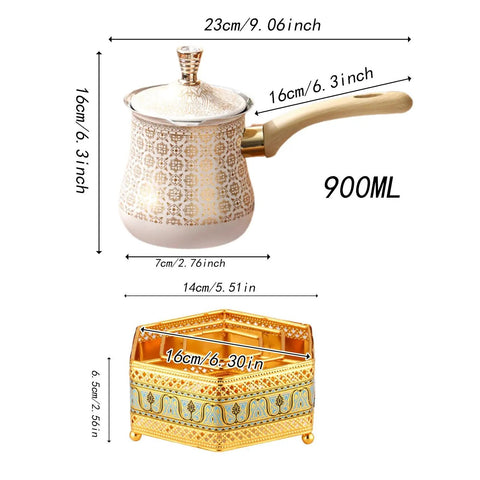 Turkish Warmer Coffee Pot With Tealight Warmer Base For Butter Chocolate Melting Kettle Stovetop Teapot 900ml with dimensions.