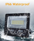 JUDYSSY Outdoor Solar Flood Lights with Remote Control, 50W Led Flood Light IP66 waterproof feature shown with water splashes.