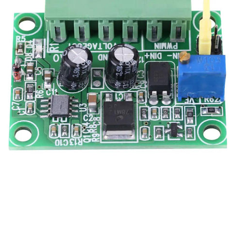 Close-up of PWM To Analog Converter Module 0-10V Output For PLC And Industrial Control on green circuit board