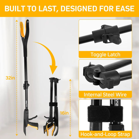 32 Inch Folding Reacher Grabber Tool With Shoehorn, 360 Degree Rotating Head, Magnetic Pick Up, Long Reach For Seniors, Arthritis Friendly Assist Tool, Easy On And Off Shoes, Durable Lightweight Aid No Bending Required