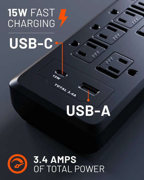 PowerBlitz Surge Protector Power Strip With USB A And USB C Ports, 8 Outlets, showing USB ports and 15W fast charging